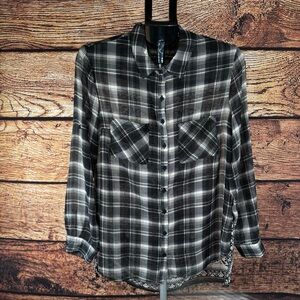 Sheer Plaid Button Down Shirt Bandana Paisley Back Panel, Size Medium